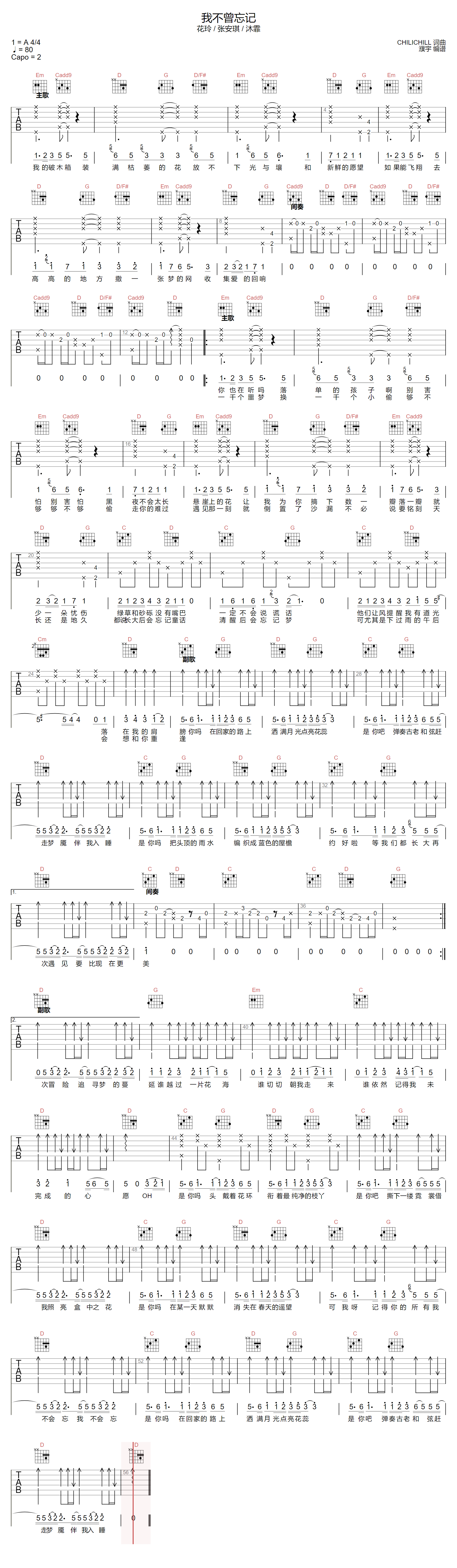 我不曾忘记吉他谱-花玲